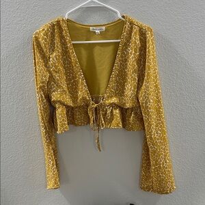 Honey Punch Mustard Floral Tie-Front Blouse